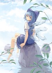 Rule 34 | 1girl, bad id, bad pixiv id, barefoot, blue dress, blue eyes, blue hair, blue sky, blush, bow, branch, cirno, cloud, commentary, day, dress, from behind, grin, hair bow, ice, ice wings, leaf, looking at viewer, looking back, ookashippo, outdoors, petticoat, pinafore dress, puffy short sleeves, puffy sleeves, rock, shirt, short hair, short sleeves, sitting, sitting on rock, sky, sleeveless dress, smile, solo, touhou, water, white shirt, wings