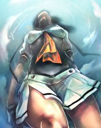 Rule 34 | 10s, 1girl, akizuki (kancolle), artist name, black gloves, black hair, breasts, cloud, covered erect nipples, foreshortening, from below, gloves, gradient background, highres, kantai collection, long hair, looking up, neckerchief, skirt, sky, small breasts, solo, thighs, yamashina metal