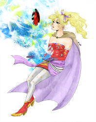 Rule 34 | 1990s (style), 1girl, amano yoshitaka design, ashima015, blonde hair, boots, cape, crystal, earrings, elbow gloves, female focus, final fantasy, final fantasy vi, full body, gloves, green eyes, jewelry, long hair, pantyhose, ponytail, retro artstyle, solo, tina branford, white background