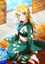 Rule 34 | 1girl, artist request, ayase eli, back bow, blonde hair, blue eyes, blush, bottle, bow, breasts, brown bow, brown corset, corset, feet, female focus, floral print, flower, flower print, full body, green kimono, hair between eyes, hair flower, hair ornament, holding, holding bottle, japanese clothes, kimono, long hair, looking at viewer, love live!, love live! school idol festival, love live! school idol project, medium breasts, parted lips, ponytail, red flower, smile, solo