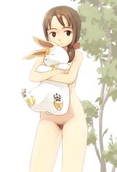 Rule 34 | 1girl, animal, breasts, brown eyes, brown hair, completely nude, cowboy shot, female pubic hair, hair ribbon, hare (monster farm), highres, holding, holding animal, holly (monster farm), long hair, low ponytail, miyako (naotsugu), monster farm, nude, outdoors, pubic hair, red ribbon, ribbon, small breasts, standing, tree, white background