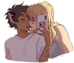 Rule 34 | 2girls, adora (she-ra), animal ears, black nails, blonde hair, blush, brown hair, cat ears, catra, cellphone, closed mouth, commentary, dark-skinned female, dark skin, english commentary, french kiss, grey tank top, highres, holding, holding phone, kiss, long hair, multiple girls, oliviajtaylor20, one eye closed, phone, scar, scar on arm, selfie, she-ra and the princesses of power, shirt, simple background, smartphone, taking picture, tank top, tongue, tongue out, twitter username, white background, white shirt, yuri