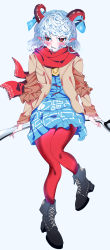 Rule 34 | 1girl, absurdres, blue dress, boots, coat, curly hair, dress, eye print, highres, horn ornament, horn ribbon, horns, meandros, mizoreshi, oversized object, pantyhose, patterned clothing, pointy ears, red eyes, red horns, ribbon, scarf, sharp teeth, sheep horns, sitting, sitting on object, solo, teeth, thighhighs, touhou, toutetsu yuuma, utensil, white hair