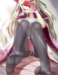 Rule 34 | 1girl, absurdres, bad id, bad pixiv id, bed, between legs, black pantyhose, blonde hair, cape, capelet, dated, day, ebiko yaki, feet, floral print, frilled capelet, frills, gloves, green ribbon, hand between legs, hand up, highres, holding, holding phone, indoors, jewelry, knees up, legs, long hair, loussier ellerensia, no shoes, on bed, pantyhose, pendant, phone, red eyes, red gloves, ribbon, selfie, shironeko project, signature, sitting, solo, sunlight