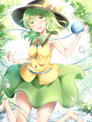 Rule 34 | 1girl, :d, bare arms, barefoot, black hat, blush, bow, bubble, circle skirt, commentary request, green eyes, green skirt, hat, hat bow, highres, holding, komeiji koishi, looking at viewer, nagomian, open mouth, short hair, skirt, sleeveless, smile, solo, third eye, touhou, yellow bow