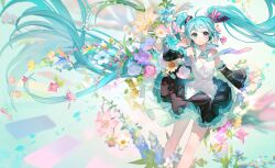 Rule 34 | 1girl, absurdres, ahoge, aqua eyes, aqua hair, aqua nails, blush, closed mouth, commentary request, detached sleeves, dress, flower, gradient bowtie, hatsune miku, highres, long hair, looking at viewer, pink flower, purple flower, rumoon, solo, twintails, vocaloid, white flower, yellow flower