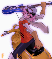 Rule 34 | 1girl, arm behind back, bad id, bass guitar, black helmet, black leggings, black pants, bob cut, boots, breasts, brown gloves, brown scarf, commentary, copyright name, feet out of frame, flcl, floating scarf, from behind, gloves, goggles, goggles on headwear, grey helmet, hair over one eye, haruhara haruko, helmet, holding, holding bass guitar, holding instrument, instrument, kikumaru bunta, knee boots, layered shirt, leggings, long sleeves, looking at viewer, looking back, motor vehicle, motorcycle helmet, on scooter, orange shirt, outstretched arms, pants, parted lips, pink hair, pull cord, rickenbacker, rickenbacker 4001, scarf, scooter, shirt, short hair, short sleeves, simple background, sitting, small breasts, smile, smirk, solo, straddling, two-tone helmet, v-shaped eyebrows, vespa, white background, white footwear, white shirt, work gloves, yellow eyes