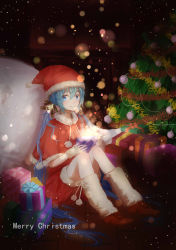 Rule 34 | 1girl, bell, blue eyes, blue hair, christmas, christmas tree, gift, hair bell, hair ornament, hat, hatsune miku, highres, leg warmers, long hair, matching hair/eyes, merry christmas, santa costume, santa hat, sitting, solo, twintails, vocaloid, xiaozi