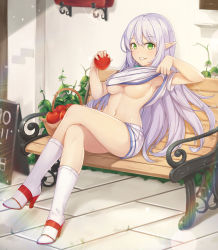 Rule 34 | 1girl, alternate breast size, apple, armpits, bench, breasts, clothes lift, commentary request, crossed legs, elf, food, fruit, full body, green eyes, hair between eyes, hallohi, highres, holding, holding food, holding fruit, kneehighs, lifted by self, light particles, long hair, looking at viewer, mage (dungeon and fighter), medium breasts, navel, no bra, original, outdoors, parted lips, plant, pointy ears, shiny skin, shirt, shirt lift, short sleeves, shorts, silver hair, sitting, socks, solo, stomach, stone floor, stone wall, sunlight, thighs, tiles, underboob, wall, white shirt, white shorts, white socks