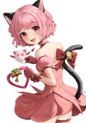 Rule 34 | 1girl, :d, absurdres, animal ears, bare back, bell, bow, cat ears, cat girl, cat tail, choker, commentary request, curly hair, detached sleeves, dress, from behind, gloves, head tilt, highres, holding, holding weapon, looking at viewer, looking back, magical girl, mascot, masha (tokyo mew mew), mew ichigo, momomiya ichigo, off-shoulder dress, off shoulder, open mouth, paw pose, pink eyes, pink gloves, pink hair, ribbon, short hair, sidelocks, smile, solo, tail, tail bell, tail bow, tail ornament, tail ribbon, tokyo mew mew, weapon, white background, zipgaemi