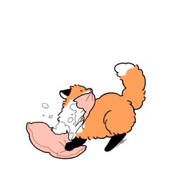 animal_focus black_eyes commentary_request flat_color fox furrowed_brow highres korean_commentary no_humans numsiri original pillow ripping signature simple_background solid_oval_eyes solo stuffing white_background