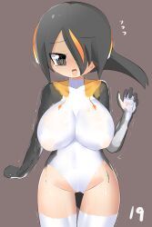Rule 34 | 1girl, @ @, black hair, blush, blush visible through hair, bodypaint, breasts, brown background, commentary request, completely nude, cowboy shot, emperor penguin (kemono friends), flying sweatdrops, hair between eyes, hair over one eye, headphones, highres, kemono friends, large breasts, lets0020, long bangs, looking at viewer, multicolored hair, naked paint, nipples, nose blush, nude, numbered, open mouth, orange hair, painted clothes, short hair, smile, solo, streaked hair, thigh gap