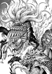 Rule 34 | 1other, dragon, eldritch abomination, extra eyes, giant, giant monster, greyscale, highres, monochrome, multiple heads, no humans, one-punch man, orochi (one-punch man), pagong, sharp teeth, teeth, tentacles