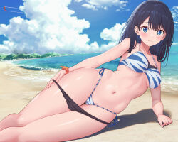 Rule 34 | 1girl, absurdres, beach, bikini, bikini pull, black bikini bottom, black hair, blue eyes, blush, breasts, cameltoe, cleft of venus, clothes pull, collarbone, day, diagonal-striped bikini, diagonal-striped clothes, fingernails, gridman universe, hair between eyes, hand on own thigh, hand rest, highleg, highleg bikini, highres, large breasts, layered bikini, long hair, looking at viewer, lying, nanikairu, navel, on side, orange scrunchie, outdoors, pussy, pussy peek, sand, scrunchie, side-tie bikini bottom, skindentation, sky, smile, solo, ssss.gridman, stomach, striped clothes, swimsuit, takarada rikka, thick thighs, thighs, water, wide hips, wrist scrunchie