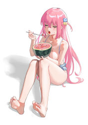 Rule 34 | 1girl, absurdres, bare shoulders, barefoot, blush, bocchi the rock!, breasts, closed eyes, collarbone, crossed bangs, cube hair ornament, derivative work, eating, artistic error, feet, fingernails, food, fruit, gotoh hitori, hair ornament, highres, holding, holding spoon, hot, knees up, large breasts, long fingernails, long hair, nail polish, one side up, open mouth, pink hair, pink nails, raised eyebrows, simple background, soles, solo, spoon, sweatdrop, thighs, toenail polish, toenails, toes, watermelon, watermelon seeds, watermelon slice, white background, wudongyouyi