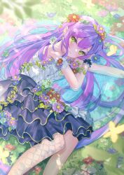 Rule 34 | 1girl, absurdres, alternate costume, arm cuffs, bare shoulders, black skirt, blush, earrings, fishnet thighhighs, fishnets, flower, frilled skirt, frills, gradient hair, green eyes, hair flower, hair ornament, highres, hololive, jewelry, looking at viewer, lying, lying on water, multicolored hair, on side, pointy ears, purple hair, ririge, shirt, single thighhigh, skirt, solo, thighhighs, tokoyami towa, virtual youtuber, white shirt, wrist cuffs