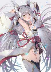 Rule 34 | 1girl, :d, animal ear fluff, animal ears, armpits, arms behind head, arms up, ass, black thighhighs, breasts, brown eyes, cleavage, commentary request, fang, gradient background, grey background, grey hair, groin, inoue takuya (tactactak), long hair, looking at viewer, low twintails, medium breasts, nia (blade) (xenoblade), nia (xenoblade), open mouth, smile, solo, thighhighs, twintails, very long hair, white background, xenoblade chronicles (series), xenoblade chronicles 2