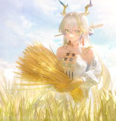 Rule 34 | 1girl, absurdres, arknights, bare shoulders, blonde hair, blue hair, branch, breasts, cloud, colored skin, commentary request, day, dress, earrings, green eyes, guang quan, hair between eyes, highres, holding wheat, horns, jewelry, light smile, long hair, long sleeves, looking at viewer, outdoors, pointy ears, shu (arknights), sky, small breasts, solo, tassel, tassel earrings, very long hair, wheat field, white dress, white hair, yellow skin