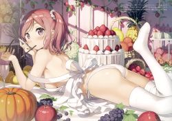 Rule 34 | 1girl, absurdres, apple, apron, ass, back, basket, blush, breasts, cake, cupcake, eating, food, frilled apron, frills, from side, fruit, grapes, hair ornament, hair scrunchie, hands up, highres, holding, huge filesize, indoors, kantoku, leaf, leg lift, lemon, looking at viewer, lying, nearly naked apron, no shoes, original, panties, peach, pineapple, pink eyes, pink hair, plant, pocky, potted plant, pumpkin, scan, scrunchie, shoulder blades, side-tie panties, small breasts, solo, strawberry, thighhighs, tiered tray, topless, translation request, two side up, underwear, wedgie, whisk, white panties, white thighhighs