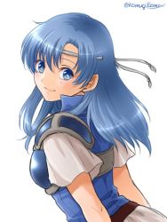 Rule 34 | alternate hair length, alternate hairstyle, armor, bad id, bad twitter id, blue eyes, blue hair, breastplate, fire emblem, fire emblem: mystery of the emblem, fire emblem: new mystery of the emblem, fire emblem: shadow dragon, fire emblem: the binding blade, long hair, looking at viewer, nintendo, shanna (fire emblem), simple background, smile, solo, twitter username, white background