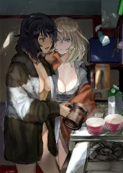Rule 34 | 2girls, andou (girls und panzer), black coat, black hair, blonde hair, blouse, blue eyes, bowl, breasts, brown eyes, cleavage, coat, commentary request, dark-skinned female, dark skin, girls und panzer, highres, holding, holding teapot, holding towel, indoors, itou (golem inc), kitchen, light frown, looking at another, medium breasts, medium hair, messy hair, multiple girls, naked coat, naked shirt, no pants, open collar, open mouth, oshida (girls und panzer), oven, parted lips, shirt, standing, steam, teapot, towel, white shirt, yuri