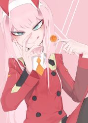 Rule 34 | 10s, 1girl, bad id, bad twitter id, blue eyes, breasts, buttons, candy, closed mouth, darling in the franxx, eyebrows, eyelashes, food, g perarikku, hairband, hand on own face, head tilt, holding, horns, lollipop, long hair, long sleeves, looking at viewer, oni horns, pink hair, red shirt, ringed eyes, shirt, small breasts, smile, solo, straight hair, tongue, tongue out, turtleneck, very long hair, white hairband, zero two (darling in the franxx)