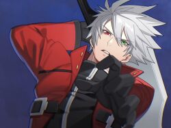 Rule 34 | 1boy, angry, ark1478, blazblue, blazblue: continuum shift, blue background, fighting stance, green eyes, grey hair, heterochromia, highres, holding, holding sword, holding weapon, huge weapon, long sleeves, looking at viewer, male focus, parted lips, ragna the bloodedge, red eyes, short hair, simple background, spiked hair, sword, weapon