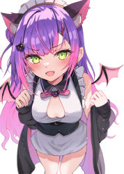 Rule 34 | 1girl, animal ear fluff, animal ears, bare shoulders, blush, breasts, cat ears, cleavage cutout, clothing cutout, collared dress, cowboy shot, dress, earrings, fangs, frilled dress, frills, from above, green eyes, highres, hololive, jewelry, kemonomimi mode, long hair, looking at viewer, maid, maid headdress, multicolored hair, open mouth, pink hair, purple hair, short dress, sleeveless, sleeveless dress, smile, tenpura noraneko, tokoyami towa, two-tone hair, underbust, very long hair, virtual youtuber, wings