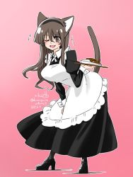 Rule 34 | 1girl, ;d, alternate costume, animal ears, apron, ashigara (kancolle), bent over, black dress, black footwear, black hairband, black pantyhose, blush, breasts, cat ears, cat tail, collared dress, crossed bangs, dress, enmaided, eyebrows, full body, gradient background, hair between eyes, hairband, high heels, holding, kantai collection, kemonomimi mode, large breasts, legs apart, long hair, long sleeves, maid, maid apron, mary janes, one eye closed, open mouth, outline, pantyhose, pink background, puffy long sleeves, puffy sleeves, rikuo (whace), shoes, sleeve cuffs, smile, solo, sparkle, standing, tail, white apron, white outline