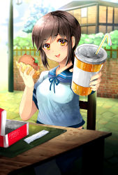 Rule 34 | 10s, 1girl, beef, bendy straw, blue sky, blurry, blush, box, bread, brick wall, brown eyes, brown hair, building, burger, bush, chair, cup, day, depth of field, drinking straw, dripping, eating, fence, fingernails, food, fubuki (kancolle), happy, highres, holding, holding cup, holding food, house, kantai collection, ketchup, lamppost, looking at viewer, open mouth, outdoors, outstretched arm, plant, pov, salad, sauce, school uniform, serafuku, shirt, short hair, short sleeves, sitting, sky, smile, solo, stone floor, table, tareme, tree, uzura (moimoi), wall, water drop, white shirt, wooden fence, wooden table