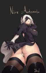 Rule 34 | 1girl, ass, bad id, bad pixiv id, black dress, blindfold, breasts, copyright name, cowboy shot, dress, from below, hairband, harry (dudwofla), highres, large breasts, mole, mole under eye, nier (series), nier:automata, panties, short hair, solo, thighhighs, thighs, typo, underwear, white hair, white panties, 2b (nier:automata)