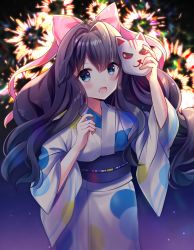 Rule 34 | 1girl, :d, aerial fireworks, arm up, bad id, bad pixiv id, black hair, blue eyes, blush, bow, cat mask, commentary request, fireworks, hair between eyes, hair bow, hand up, holding, holding mask, japanese clothes, kimono, long hair, long sleeves, looking at viewer, mask, unworn mask, minami saki, night, night sky, obi, open mouth, outdoors, patricia (teria saga), pink bow, sash, sky, smile, solo, standing, teria saga, very long hair, white kimono, wide sleeves