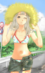 Rule 34 | 1girl, bikini, blue sky, day, flat chest, guard rail, hat, imaiko, long hair, navel, one eye closed, original, road, road sign, shorts, sign, silver hair, sky, solo, straw hat, sun hat, swimsuit, unbuttoned, wink
