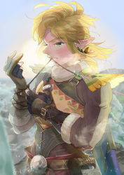 Rule 34 | 1boy, adjusting clothes, adjusting gloves, armor, belt, blonde hair, blue eyes, cross-laced clothes, earrings, gloves, grey jacket, highres, jacket, jewelry, link, long sleeves, looking at hands, male focus, medium hair, nintendo, outdoors, partially fingerless gloves, pointy ears, pra 11, shoulder armor, shoulder belt, sidelocks, solo, steam, string in mouth, sword, the legend of zelda, the legend of zelda: breath of the wild, upper body, weapon, weapon on back