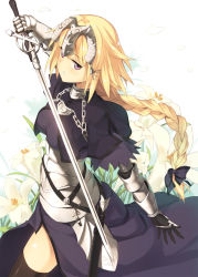 Rule 34 | 1girl, armor, armored dress, bad id, bad pixiv id, black thighhighs, blonde hair, bow, braid, cowboy shot, fate/apocrypha, fate (series), flower, gauntlets, hair bow, headpiece, highres, holding, holding sword, holding weapon, jeanne d&#039;arc (fate), jeanne d&#039;arc (ruler) (fate), kinta (distortion), lily (flower), long hair, looking at viewer, purple eyes, single braid, solo, sword, thighhighs, weapon
