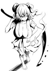 Rule 34 | 1girl, breasts, cleavage, closed mouth, collarbone, diisuke, full body, greyscale, hair between eyes, hair bobbles, hair ornament, huge breasts, looking away, monochrome, onozuka komachi, over shoulder, scythe, short sleeves, smile, solo, standing, touhou, twintails, weapon, weapon over shoulder
