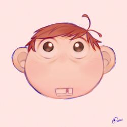 Rule 34 | 1boy, absurdres, artist name, brown eyes, brown hair, buck tooth emoji (meme), chilchuck tims, commentary, dungeon meshi, english commentary, highres, looking at viewer, male focus, meme, pan (pan p), pink background, short hair, simple background, solo, very short hair