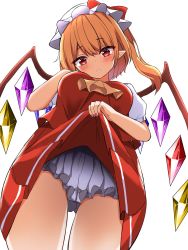 Rule 34 | 1girl, ascot, blonde hair, blush, bow, clothes lift, crystal, flandre scarlet, frilled shirt, frilled shirt collar, frilled skirt, frilled sleeves, frills, hat, hat ribbon, highres, kiui (dagk8254), mob cap, multiple girls, pointy ears, puffy short sleeves, puffy sleeves, red eyes, red skirt, red vest, ribbon, shirt, short hair, short sleeves, side ponytail, simple background, skirt, skirt lift, solo, touhou, vest, wings, yellow ascot