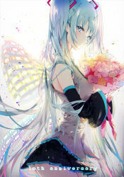 Rule 34 | 1girl, anniversary, backlighting, black skirt, blue eyes, blue hair, bouquet, collared shirt, cowboy shot, detached sleeves, flower, from side, glowing, grey shirt, hatsune miku, holding, holding bouquet, kinokohime, light smile, long hair, looking at viewer, pleated skirt, shirt, sidelocks, skirt, sleeveless, sleeveless shirt, smile, solo, twintails, very long hair, vocaloid, wings