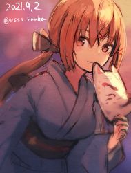 Rule 34 | 1girl, alternate costume, black bow, blue kimono, bow, brown eyes, brown hair, commentary request, cowboy shot, dated, fox mask, hair bow, holding, holding mask, japanese clothes, kantai collection, kimono, long hair, looking at viewer, low twintails, mask, smile, solo, tashkent (kancolle), twintails, twitter username, wss (nicoseiga19993411), yukata