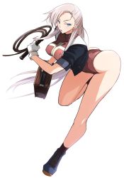 Rule 34 | 1girl, :o, bent over, blue eyes, blush, breasts, cropped jacket, cross, gloves, large breasts, leaning forward, leotard, long hair, looking at viewer, prima hononoman, rance (series), rance quest, rance vi, silver hair, solo, whip, white background, white gloves, yanazuri (kimossari337)