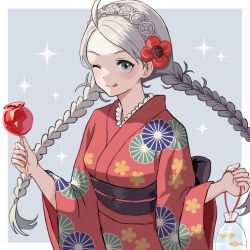 Rule 34 | 1girl, ;d, absurdres, ahoge, blue eyes, braid, breasts, candy apple, commission, fire emblem, fire emblem fates, fish, flower, food, goldfish, grey hair, hair flower, hair ornament, highres, japanese clothes, kimono, licking lips, long hair, looking at viewer, low twin braids, low twintails, medium breasts, nina (fire emblem), nintendo, official alternate costume, one eye closed, open mouth, parted bangs, red kimono, skeb commission, smile, solo, tongue, tongue out, twin braids, twintails, upper body, yukata, yuurururun