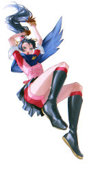 Rule 34 | 1girl, absurdres, ace attorney, ace attorney investigations, black hair, boots, floating hair, full body, gloves, green eyes, hair ornament, high ponytail, highres, karakusa (pattern), kay faraday, key, knee boots, long hair, miniskirt, open mouth, pleated skirt, ponytail, scarf, shorts, simple background, skirt, solo, white background, yymmawo vv2