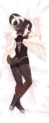 1girl, absurdres, animal ears, ass, bed sheet, brown eyes, brown fur, brown hair, commission, curled horns, dakimakura (medium), feathered wings, from behind, full body, furry, goat ears, goat girl, goat horns, goat tail, grey fur, hair bun, hand up, highres, hooves, horns, looking at viewer, looking to the side, lying, on bed, on stomach, original, sideways glance, solo, wings, yoako