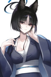 Rule 34 | 1girl, absurdres, animal ears, arm up, black eyes, black hair, black halo, black nails, blue archive, blue halo, blue kimono, breasts, bright pupils, cat ears, chest sarashi, cleavage, closed mouth, collarbone, commentary, fingernails, halo, hand up, highres, japanese clothes, kikyou (blue archive), kimono, large breasts, light frown, long sleeves, nail polish, obi, obijime, parted bangs, raki kr, sarashi, sash, short hair, solo, symbol-only commentary, upper body, white pupils, wide sleeves