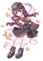 Rule 34 | 1girl, black skirt, book, boots, braid, brown hair, girls&#039; frontline, high heel boots, high heels, holding, holding book, kan (rainconan), long hair, looking at viewer, neckerchief, open book, parted lips, pink eyes, red neckerchief, skirt, solo, star (symbol), twin braids, type 56 carbine (girls&#039; frontline)