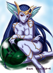 Rule 34 | 1990s (style), ball, blue hair, blue skin, breasts, calofisteri, colored skin, covering privates, covering breasts, final fantasy, final fantasy v, headdress, hirooki (dr-e), jewelry, long hair, naughty face, pointy ears, red eyes, sitting, smile, very long hair