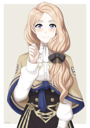 Rule 34 | 1girl, artist name, black bow, black dress, blonde hair, blue eyes, blush, bow, capelet, closed mouth, dress, fire emblem, fire emblem: three houses, hair bow, hair over shoulder, long hair, long sleeves, looking at viewer, low ponytail, mercedes von martritz, miven, nintendo, simple background, smile, solo, upper body