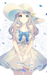 Rule 34 | 1girl, bare arms, bare shoulders, blue bow, blue nails, bow, closed mouth, collarbone, commentary, cowboy shot, dress, floral background, flower, grey hair, hat, hat flower, hat ornament, highres, lily (flower), long hair, looking at viewer, nail polish, original, own hands together, revision, sleeveless, sleeveless dress, smile, solo, sun hat, sundress, swept bangs, symbol-only commentary, white dress, white flower, white hat, yuhi (hssh 6)