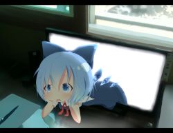 Rule 34 | 1girl, akisha, bad id, bad pixiv id, blue eyes, blue hair, bow, cirno, computer, desk, dress, hair bow, hands on own cheeks, hands on own face, head rest, ice, ice wings, leaning forward, letterboxed, matching hair/eyes, monitor, open mouth, paper, pen, reflection, ribbon, short hair, solo, speaker, through medium, through screen, touhou, window, wings